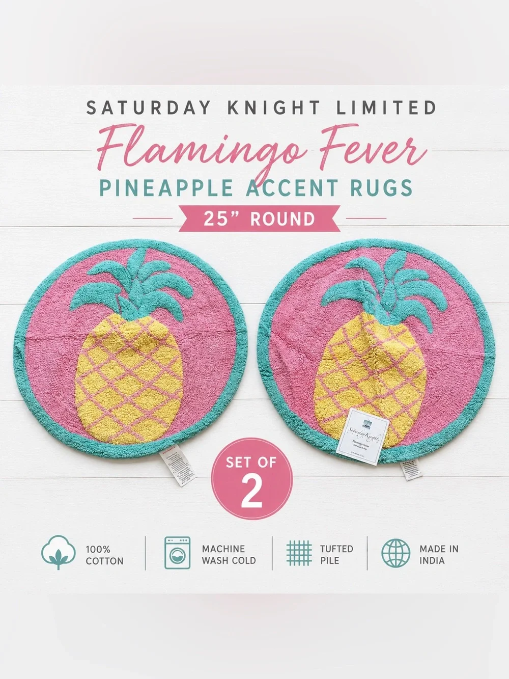 NEW! Set of 2 Saturday Knight Flamingo Fever Pineapple Accent Rugs 25” Round NWT